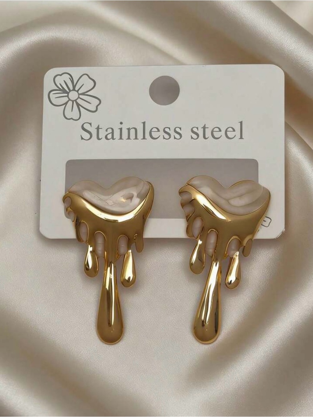 Gold and Cream Drip Heart Stainless Steel Earrings